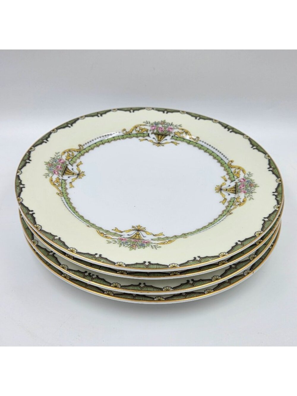 Noritake Penelope Set of 4 Salad Plates Green Border Pink Roses Urn Gold Trim - Picture 2 of 6